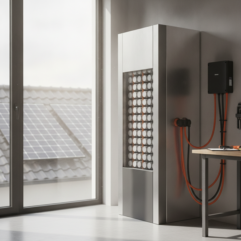 Batterie domestique et onduleur installés sur le mur d'un garage, avec le câblage vers le tableau électrique