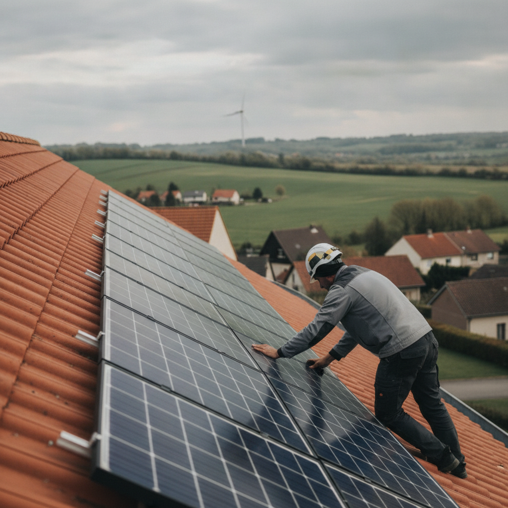 Installateur sur une toiture wallonne, fixation des rails avant la pose des panneaux photovoltaïques