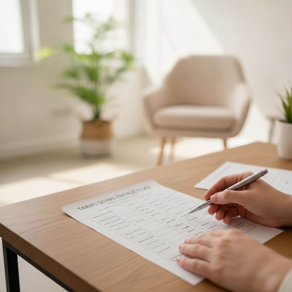 Table en bois près d'une fenêtre, lumière naturelle douce, cadre sobre d'une séance d'accompagnement énergétique