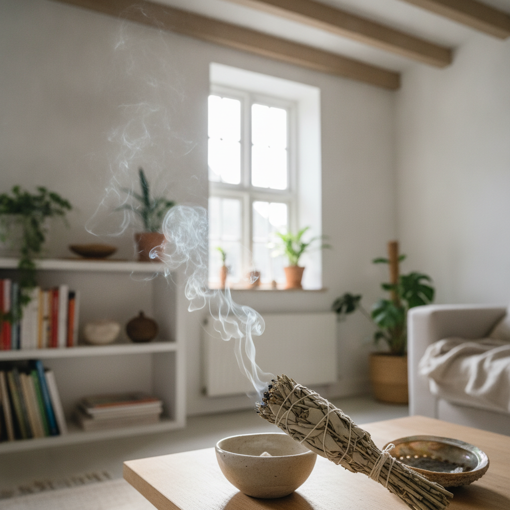 Fagot de sauge séchée et coupelle posés sur une table en bois près d'une fenêtre ouverte, lumière du jour