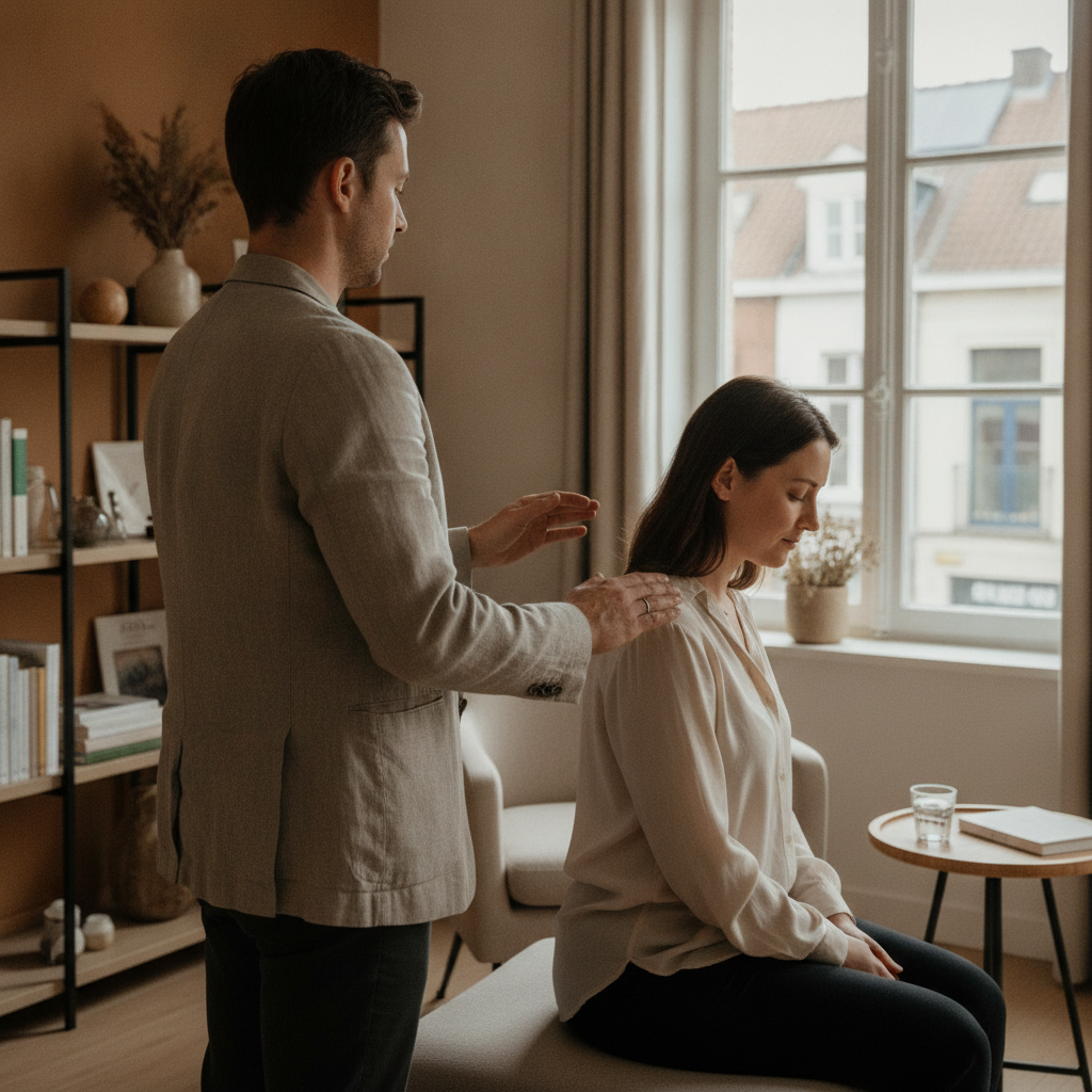 Mains posées à plat sur une table en bois clair, lumière de fenêtre, pièce calme