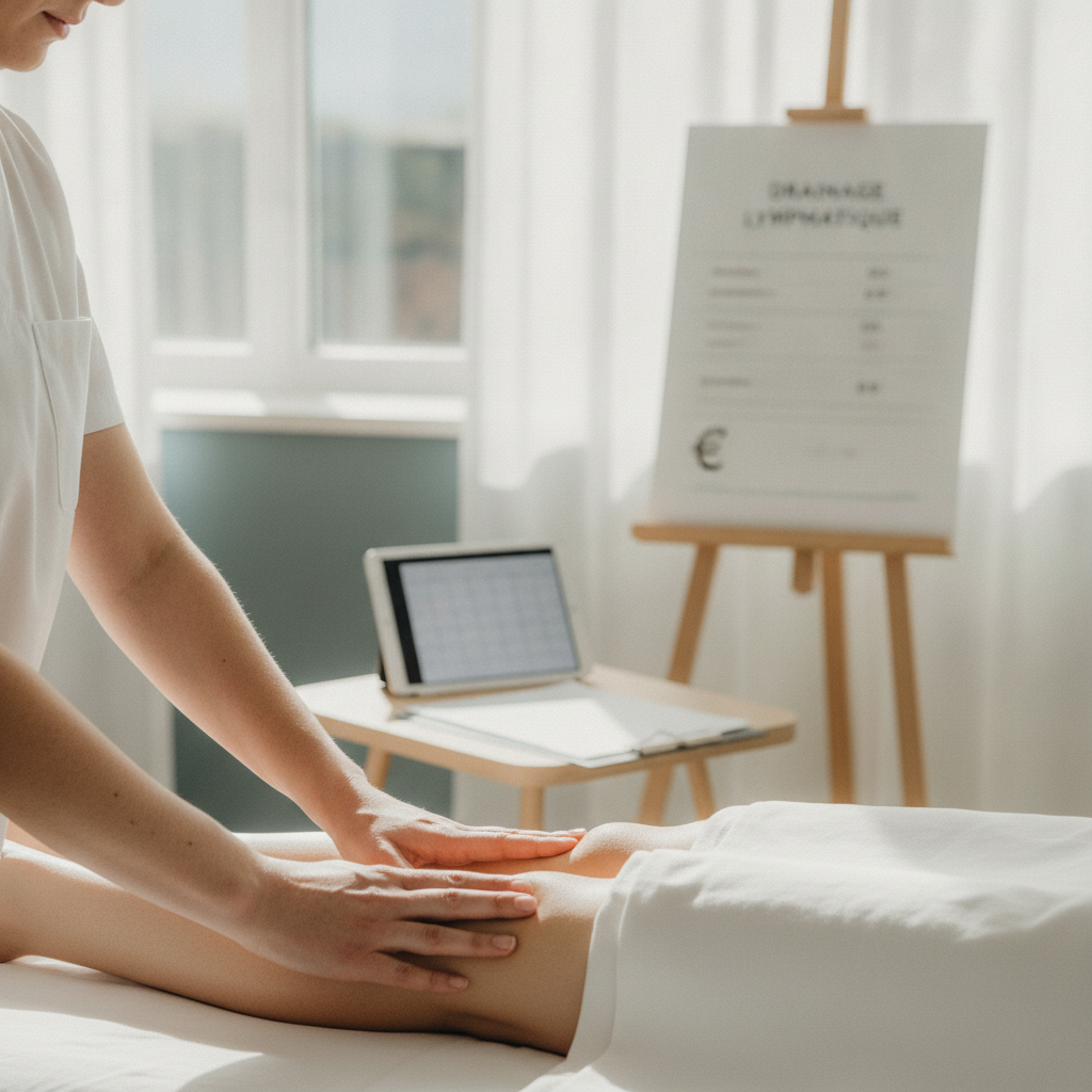 Mains d'un kinésithérapeute pratiquant un drainage lymphatique manuel sur une jambe, en cabinet