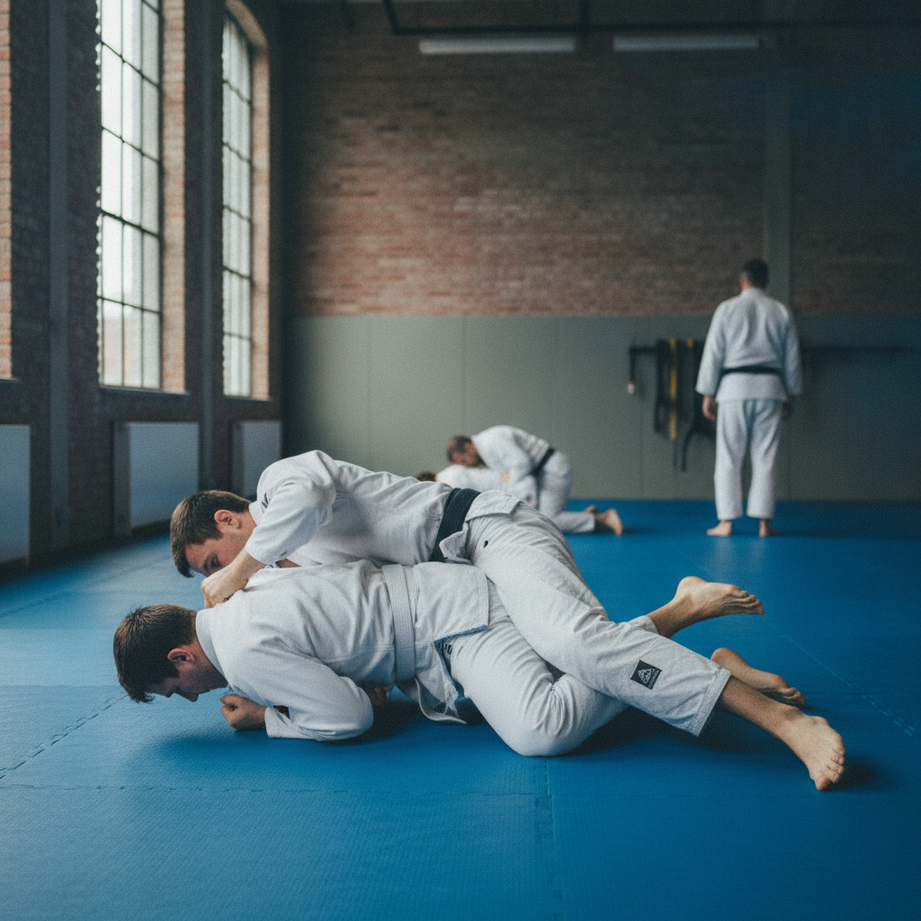 Deux pratiquants en kimono travaillent une saisie de ju-jutsu sur le tatami du dojo de Marcinelle