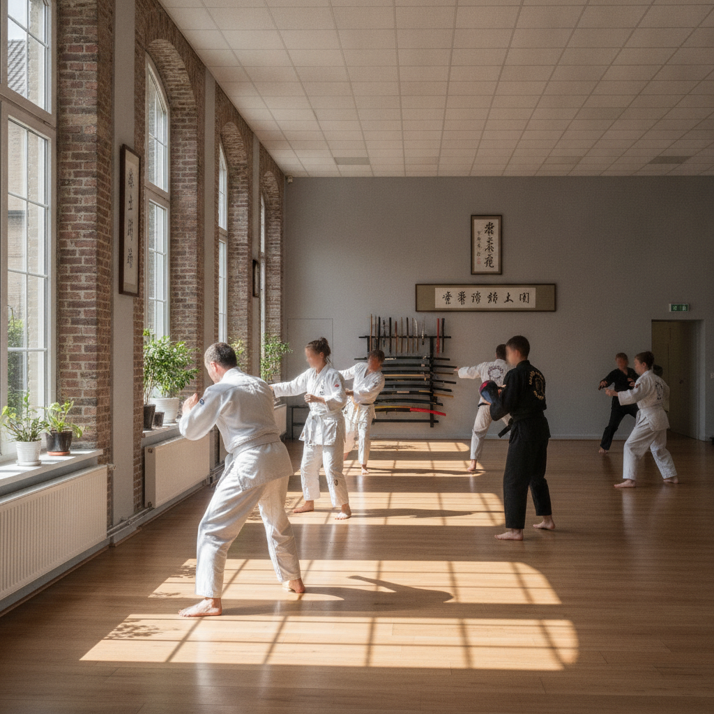 Bord du tatami et ceintures alignées au dojo de Marcinelle, vu en plan large avant le cours du jeudi
