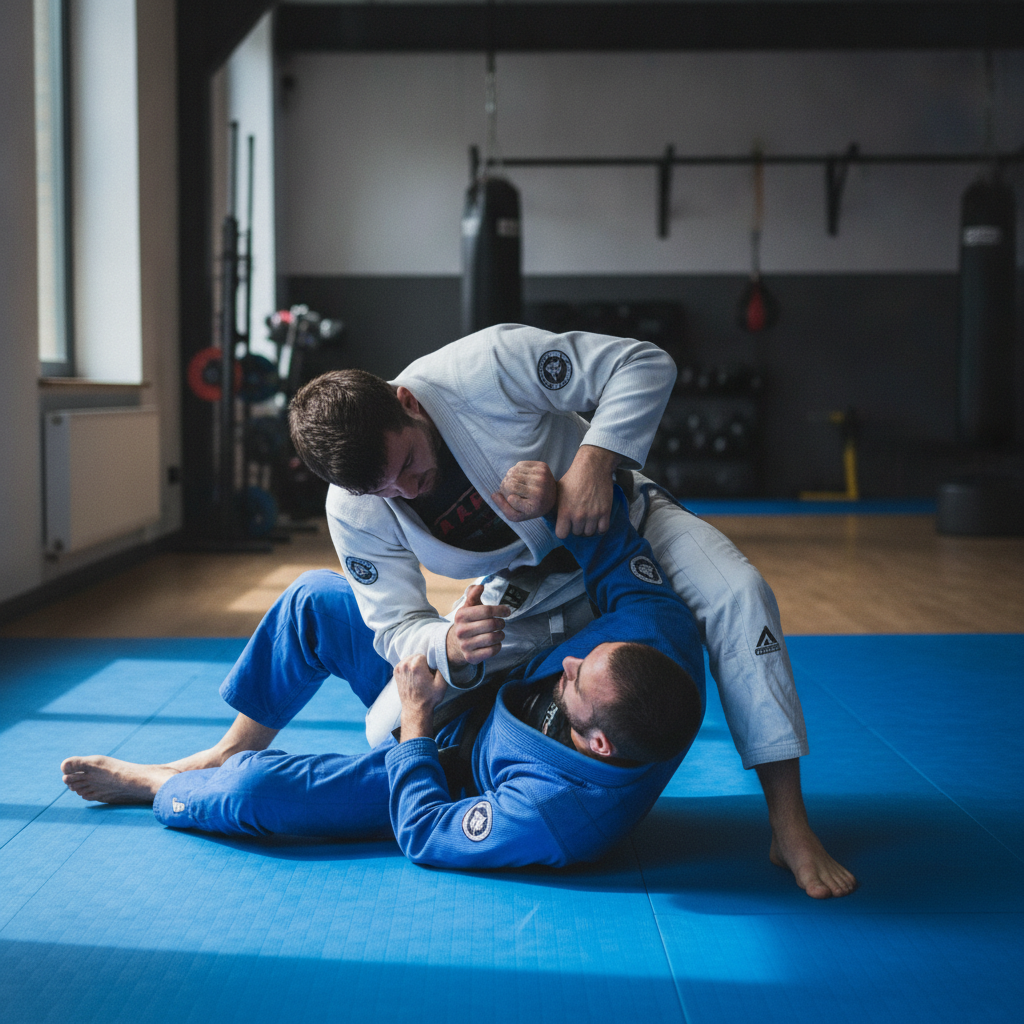 Tatami du dojo de Marcinelle, pratique debout en plan large, kimonos blancs