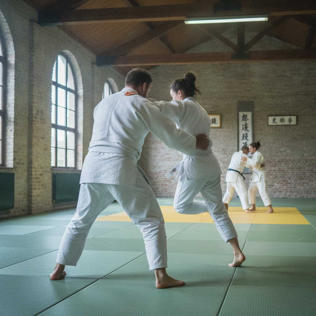 Projection travaillée à deux sur le tatami, geste commun au judo et au ju-jutsu traditionnel