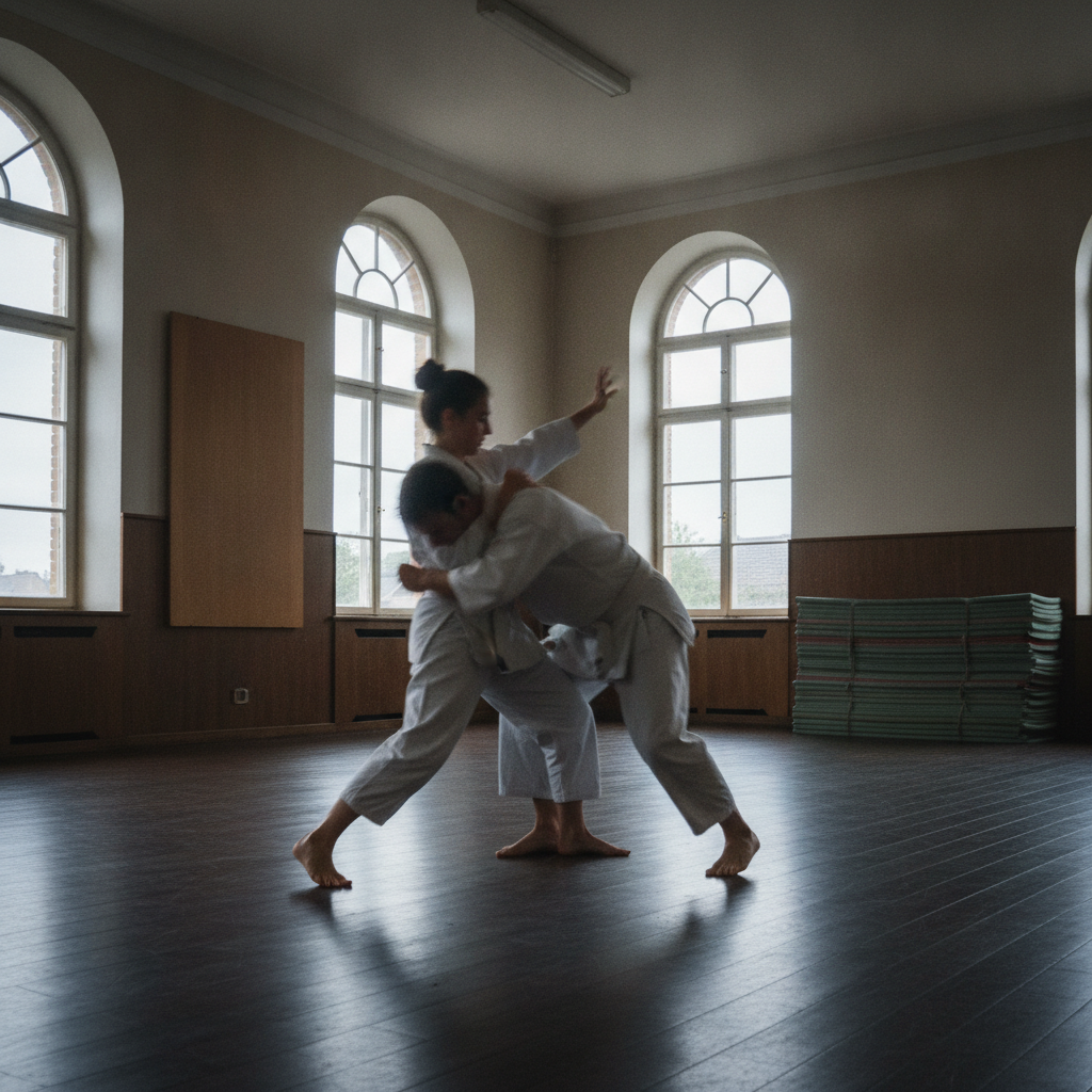 Deux pratiquants en kimono travaillant un déséquilibre sur le tatami du dojo de Marcinelle, vus en plan large